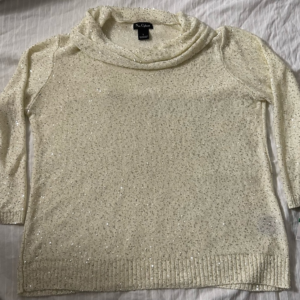 NWT Women’s Nue Options Sequin Vanilla Cowl Neck Long Sleeve Top Sweater Size L